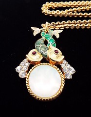 TRIFARI 32in RARE 1998 LTD ED. MOP ENAMEL RUBY CAB PISCES ZODIAC FISH NECKLACE