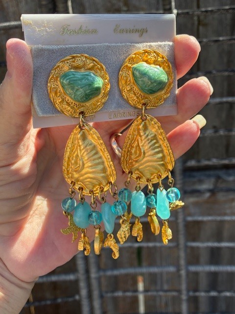 NOS 90s Gold, Blue, Green Seashell Massive Long Drop Dangle Earrings