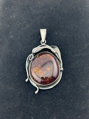 Natural Baltic Amber Organic Fossil 925 Silver Vintage Large Pendant Latvia 70s