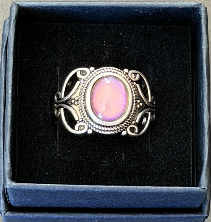 Sterling Silver Vintage Style Filigree Mood Ring + Color Chart & Box Size 9.5