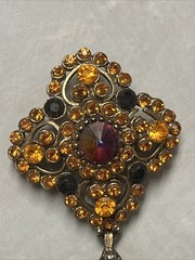 EDLEE VINTAGE RED ORANGE CRYSTAL RHINESTONE DOMED BROOCH 1940s 1950s