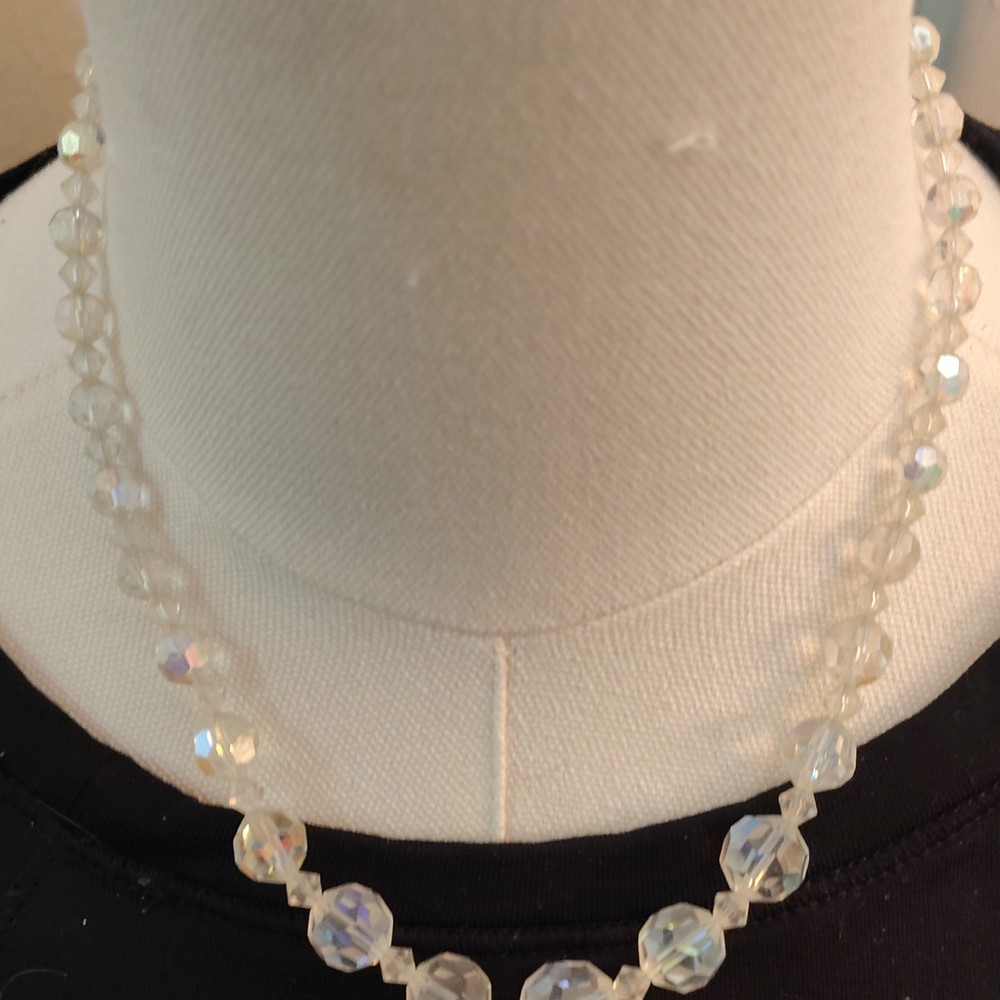 Vintage Clear Crystal Beaded Necklace Round Faceted Beads Barrel Clasp