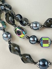 Vintage Crown Trifari 3 Strand Gray Black Iridescent Irregular Beaded Necklace