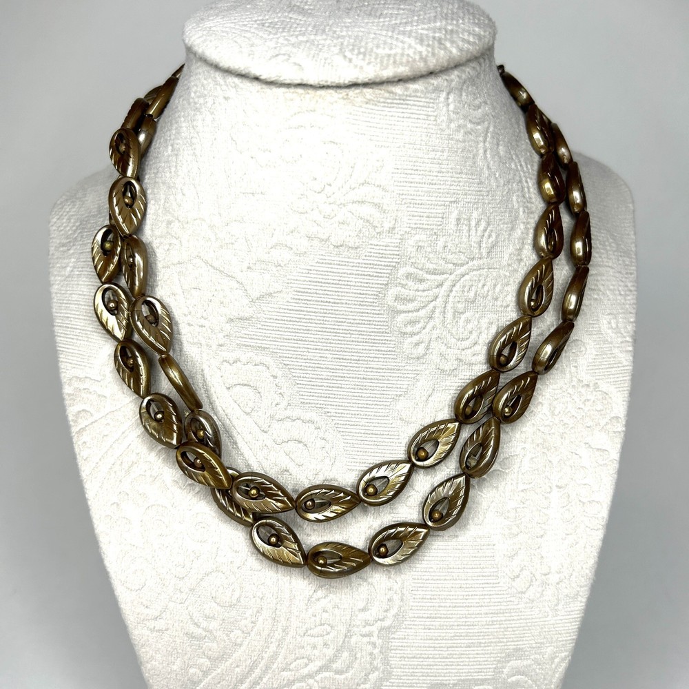 VTG Lisner Necklace bronze plastic open leaf teardrop Signed Double strand RARE