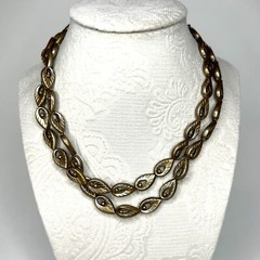 VTG Lisner Necklace bronze plastic open leaf teardrop Signed Double strand RARE
