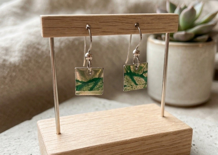 Vintage 1990’s Minimalist Green Geometric Square Dangle Earrings