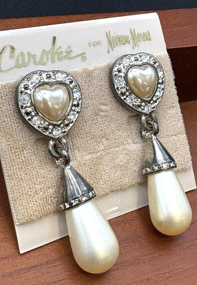 Vintage Carol Lee Clip Heart Dangle Faux Pearl & Rhinestone Earrings Pierced NEW