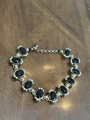 Vintage Denbe Black Rhinestone Faux Pearl Choker Necklace Gold Tone Signed Nice!