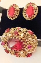 West Germany Gold Filigree Enamel Ruby Red & Pink Rhinestone Brooch & Earrings