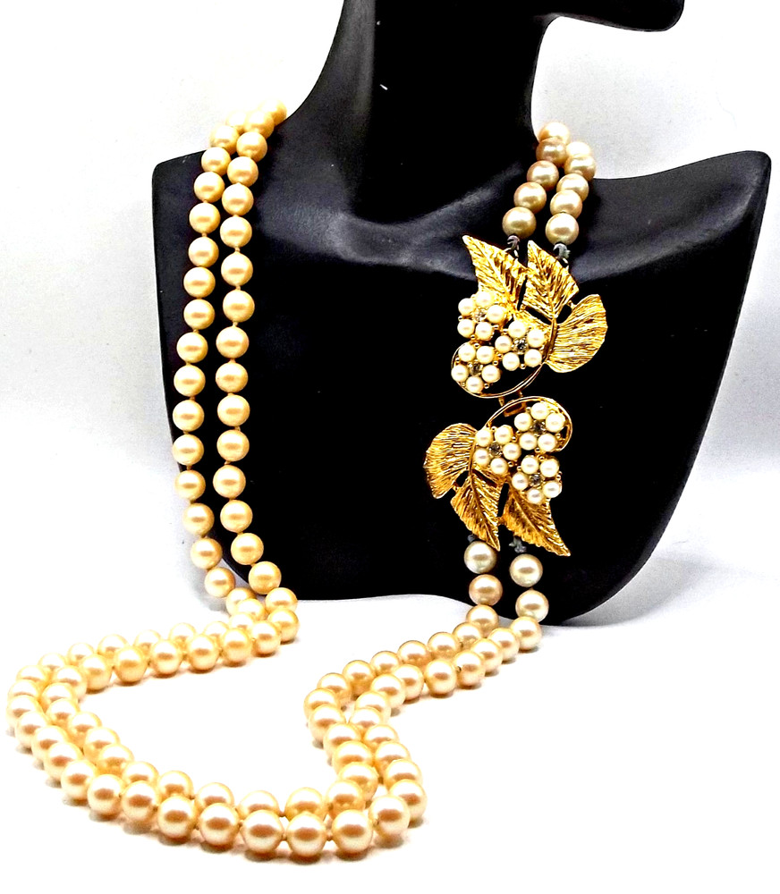 Vintage Celebrity NY 2 Strand Faux Pearl Necklace Floral Rhinestone, Pearl Clasp