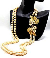 Vintage Celebrity NY 2 Strand Faux Pearl Necklace Floral Rhinestone, Pearl Clasp