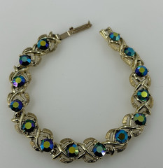 Vintage Iridescent Blue Peacock Oil Slick Rhinestones Gold Tone Bracelet Size 7
