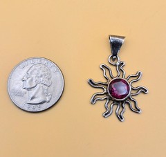 Vintage Sterling Silver 925 Mexico Sun Red Garnet Pendant 1″