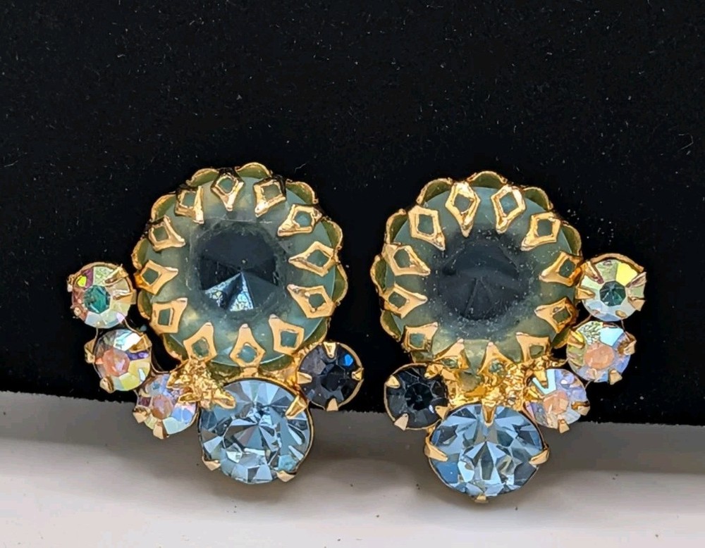 vintage Juliana Delizza and Elster BLUE D&E BLUE Clip On Earrings Gold Tone