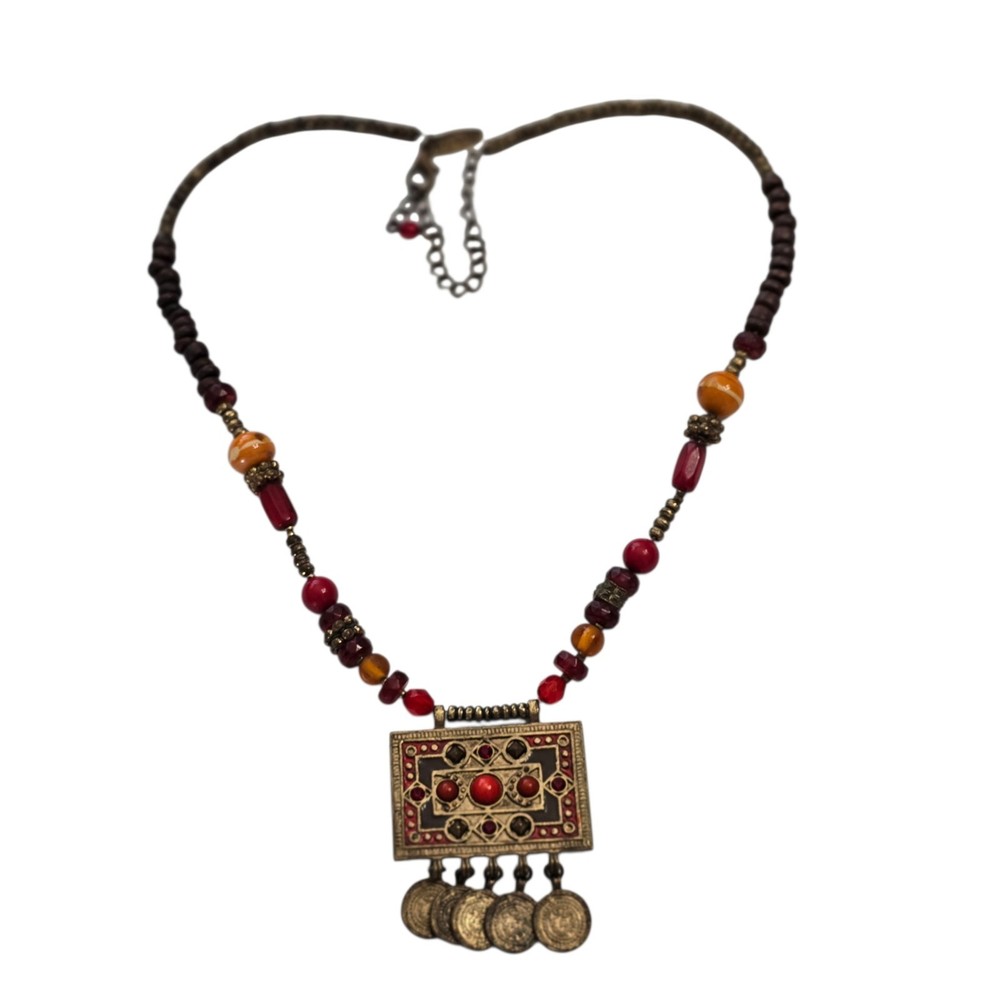 AVENUE Rectangular Pendant Red Stones Dangling Coin-Like Charm Beaded Chain