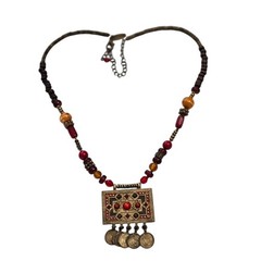 AVENUE Rectangular Pendant Red Stones Dangling Coin-Like Charm Beaded Chain
