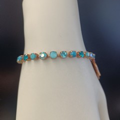 AMARO Tennis Bracelet Hamsa Turquoise Aqua Blue Crystals Gold Tone VTG Boho AB