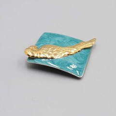 Vintage Parrot Brooch Green Enamel Gold tone Bird Square 2.25 in