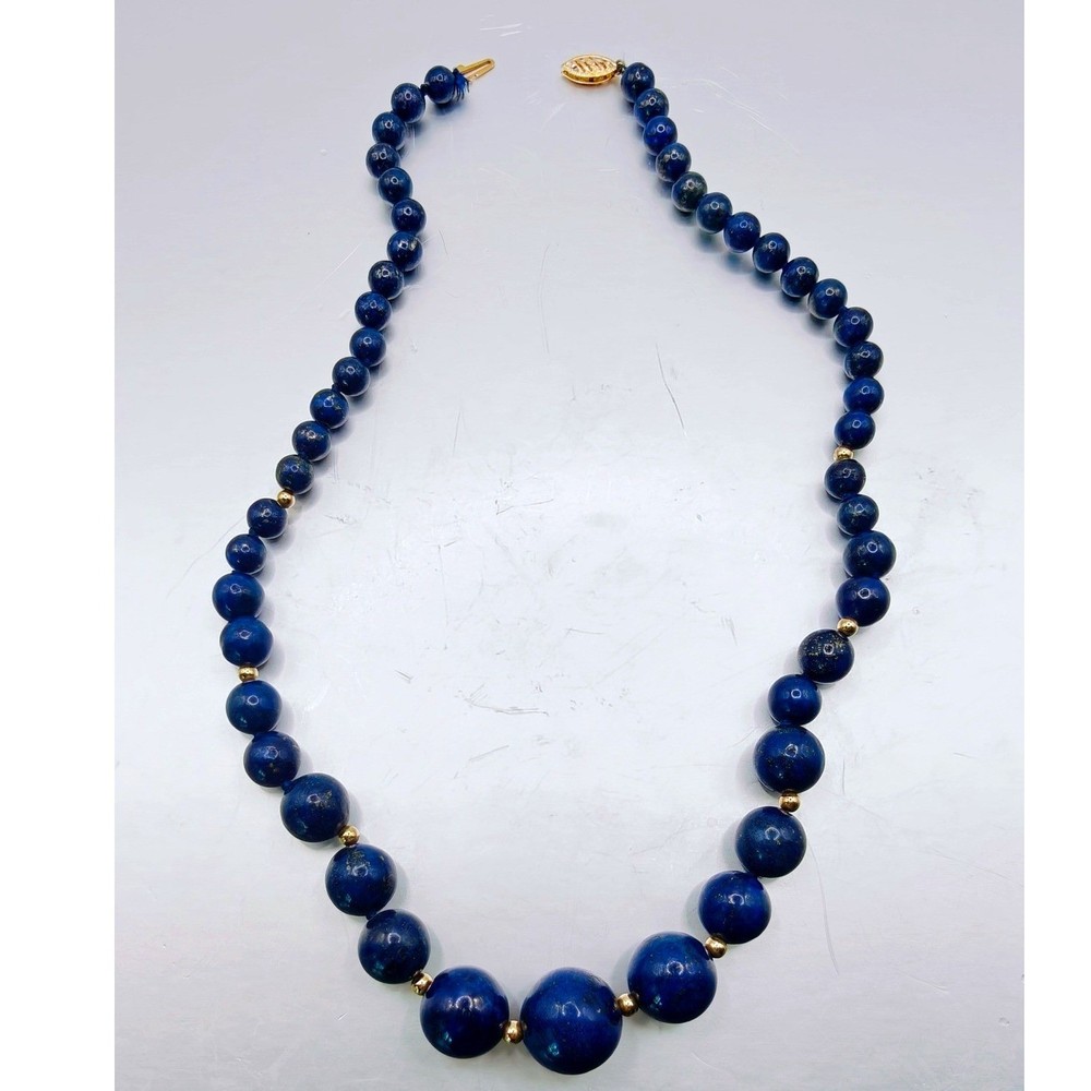 Vintage Graduated Lapis Lazuli Bead Necklace 14k Spacers Filigree Clasp 19in