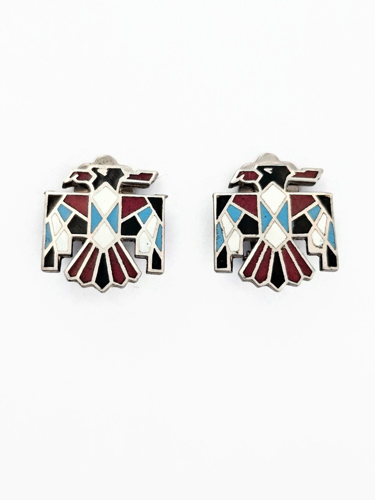Vintage Thunderbird clip on earrings First Nations mosaic enamel silver tone