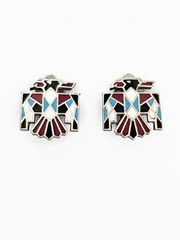 Vintage Thunderbird clip on earrings First Nations mosaic enamel silver tone