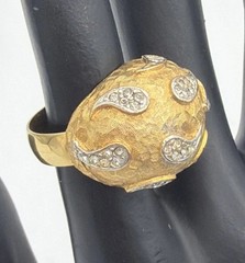 Vintage Gold Tone Dome Ring Textured Metal Teardrop Rhinestone Accents Statement