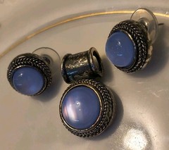 Vintage Pastel Blue Moonglow Lucite Pendant and Earring Trio Set Silver Tone