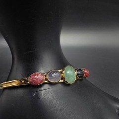 Colorful Gemstone Scarab Cuff Bracelet Gold Tone Egyptian Revival