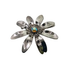 Vintage Enamel Flower Brooch Pin Aurora Borealis Ctr Silver Tone Lg 2 1/2 in D