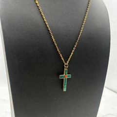 Vintage Gold Chain Necklace Turquoise Enamel Cross Pendant Southwestern Style