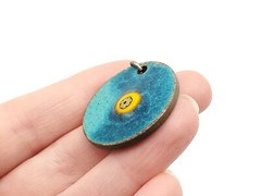 Vintage Colorful Enamel on Copper Double Sided Floral Blue Teal 1970s Pendant