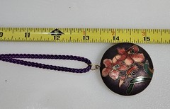 Vtg Large Iris Flowers on Purple Enamel Cloissone Pendant/Cord Necklace 26 in