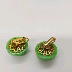 Vogue Green Jade Green Ball Gold tone Clip On Earrings dome .75 in Vintage