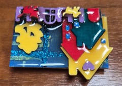 House Pins by Lucinda USA Blue Glitter Sky House Cat & Dog in Yard Pin / Brooch