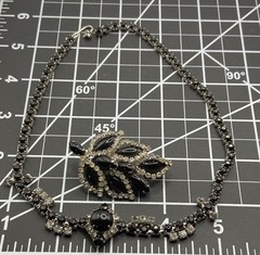 Vtg Albert WEISS Brooch Black Navette Clear Rhinestone Leaf & Unsigned Choker