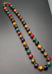 Vintage Wooden Bead Necklace Colorful Hand Painted Gold Accents Boho Artsy 30in