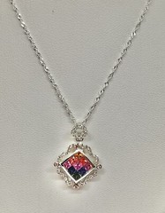 Vintage Rainbow Color Faceted Square Sterling 925 Diamond Shape Pendant Necklace