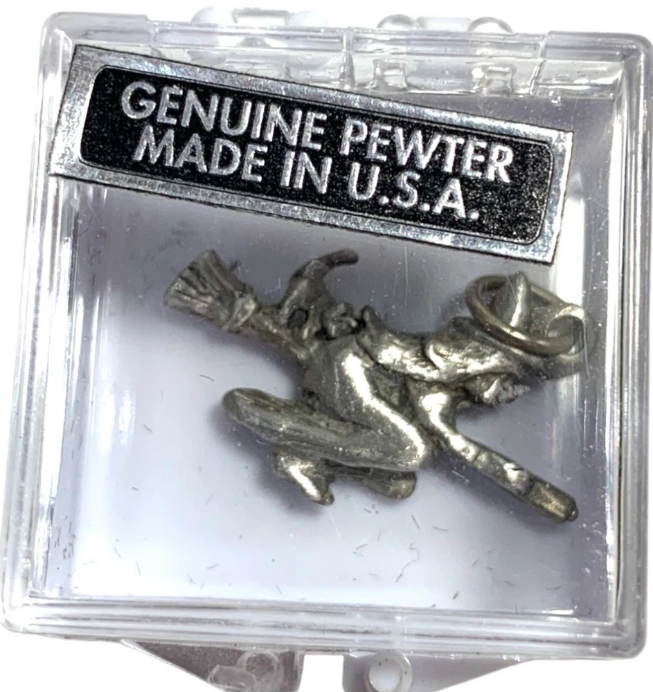Vintage NIB Genuine Pewter Witch and Cat on a Broom Halloween Charm