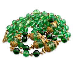 Vintage 1950s Green Jewel-tone Glass Crystal Bead Filigree Multi-strand Necklace