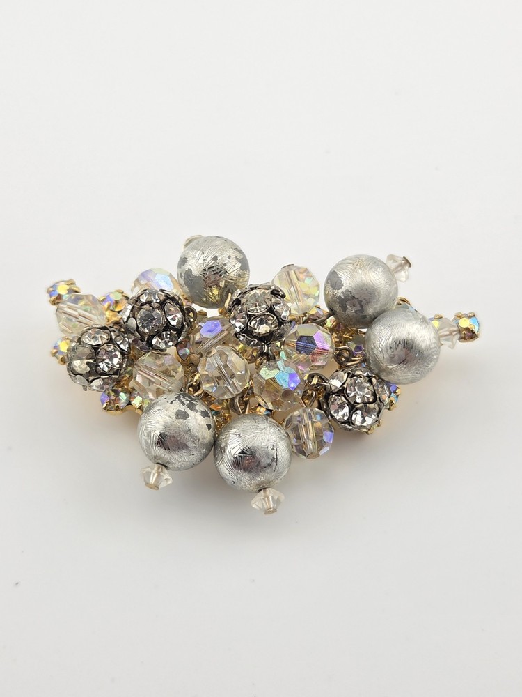 Juliana D&E Brooch #808 Silver Tone Dangle Balls Gold Tone Puddling Rhinestones