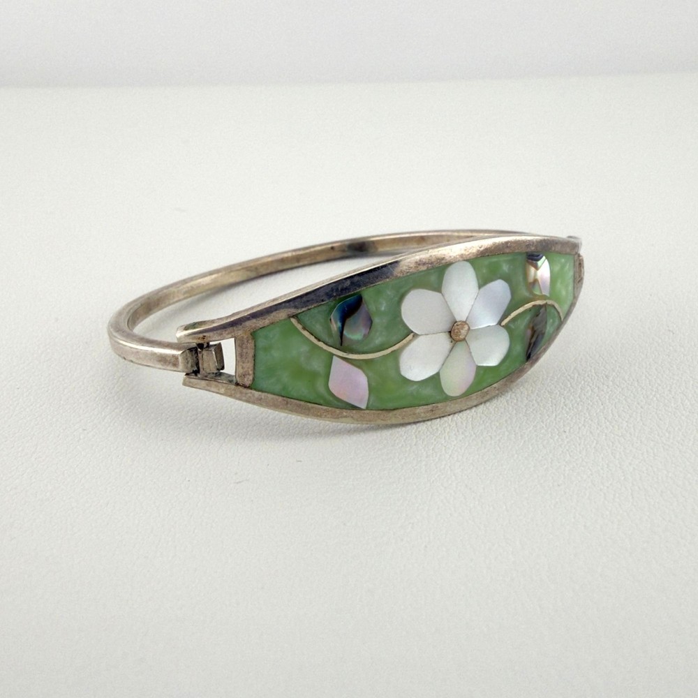 Vintage Silver Abalone Mother of Pearl Flower Inlay Bangle Bracelet Oval Green