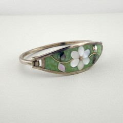 Vintage Silver Abalone Mother of Pearl Flower Inlay Bangle Bracelet Oval Green