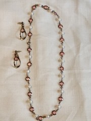 Vintage Avon Pearl And Peach Bezel Set Necklace And Pierced Earrings