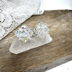 Vintage Laguna Crystal Aurora Borealis Clip-On Earrings Faceted Glass Beads