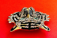 Gold Tone Black Enamel & Rhinestones Tiger Face Brooch Contemporary
