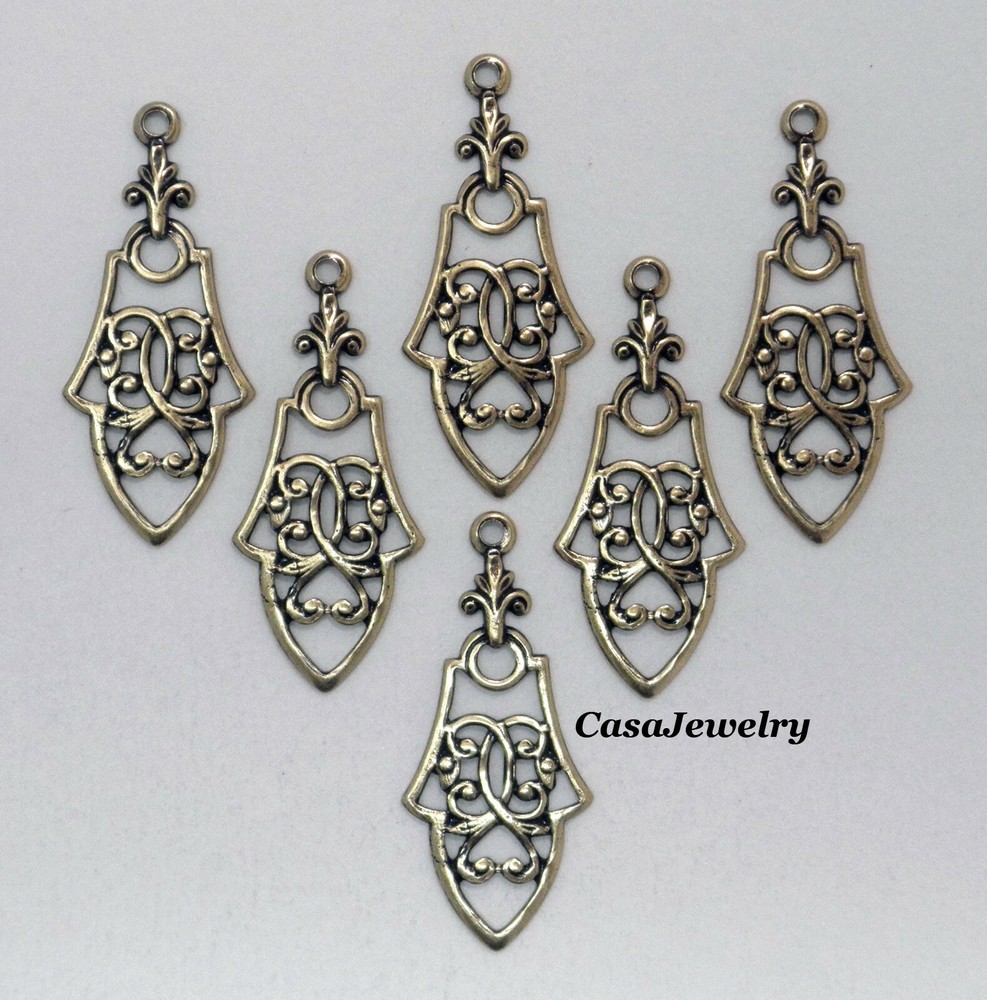#0154 ANTIQUED GOLD OPEN FILIGREE PENDANT/EARRING W/TOP HANG RING – 6 Pc Lot