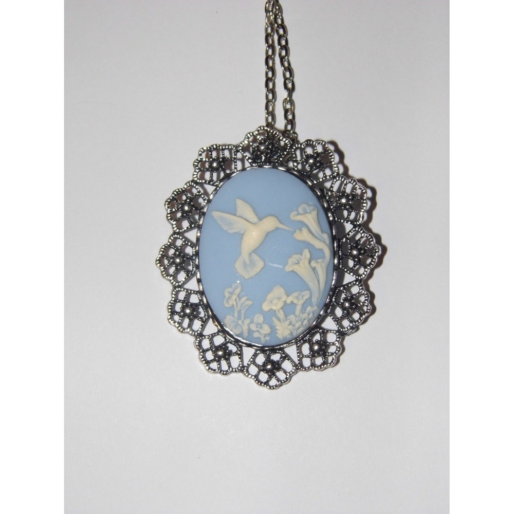 HUMMINGBIRD BLUE CAMEO VICTORIAN GARTER BROOCH PIN HAT NECKLACE MOM WIFE GIFT