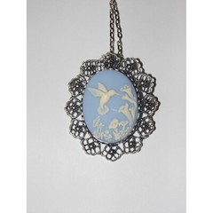 HUMMINGBIRD BLUE CAMEO VICTORIAN GARTER BROOCH PIN HAT NECKLACE MOM WIFE GIFT