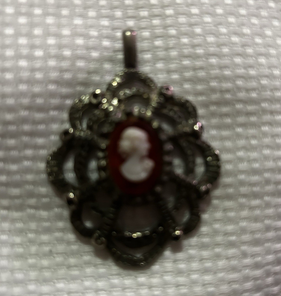 Cameo Pendant Oval Red & White Profile in small faceted marcasite style accents
