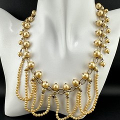 Vintage Faux Pearl Fringe Chain Necklace Gold Tone Beaded Dangle Charm Old Clasp